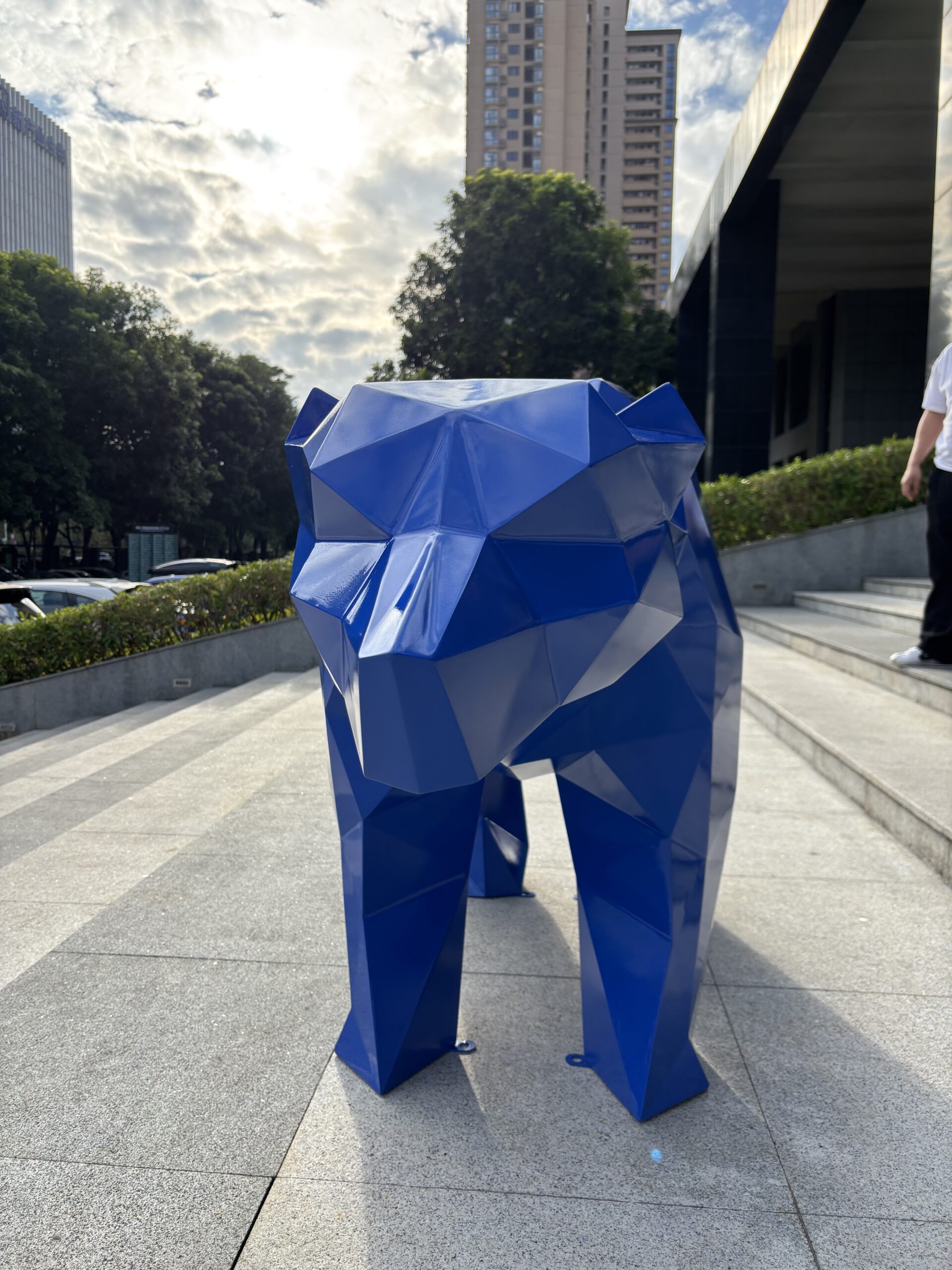 Blue Geometric Walking Bear Sculpture