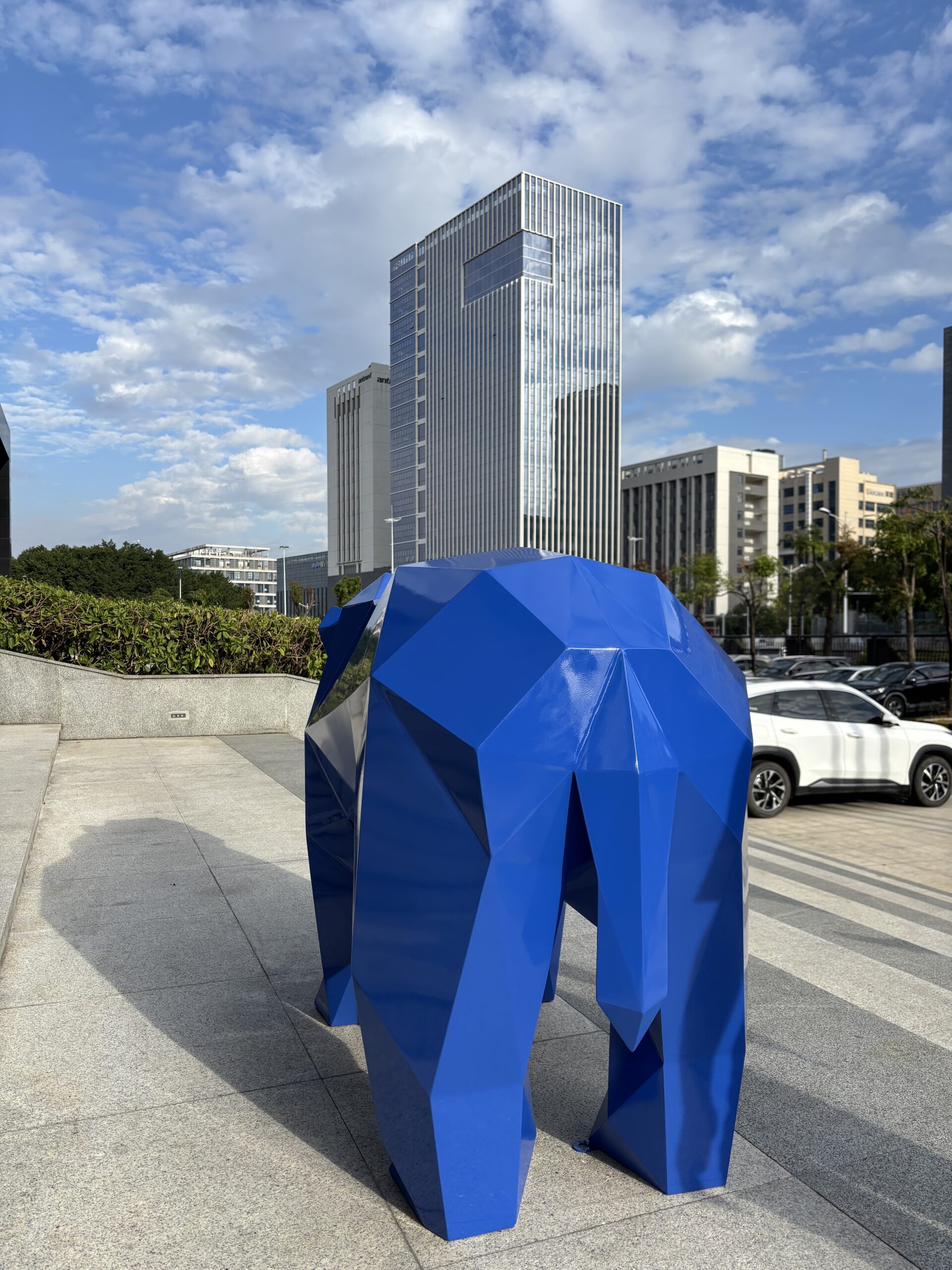 Blue Geometric Walking Bear Sculpture