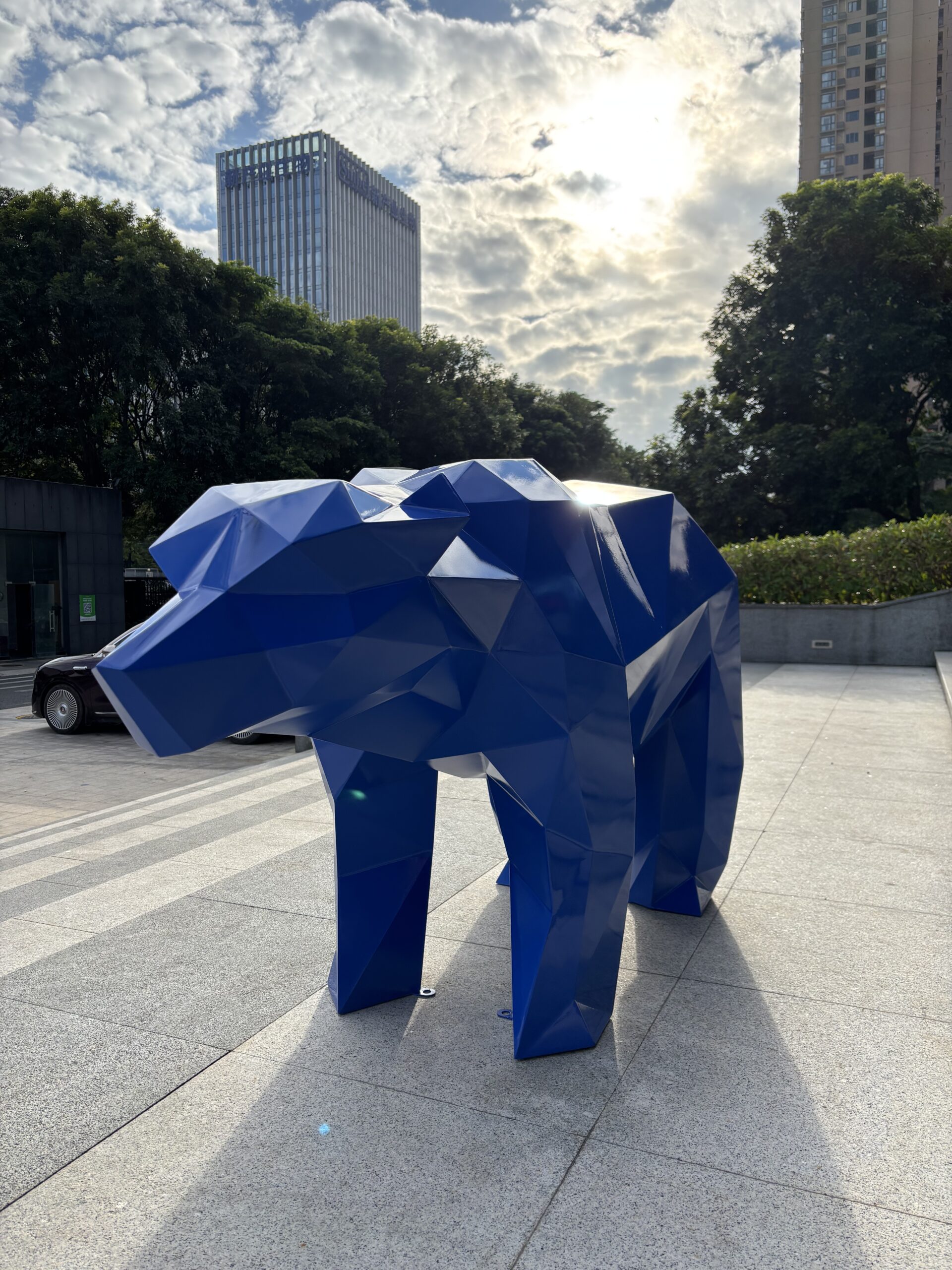 Blue Geometric Walking Bear Sculpture