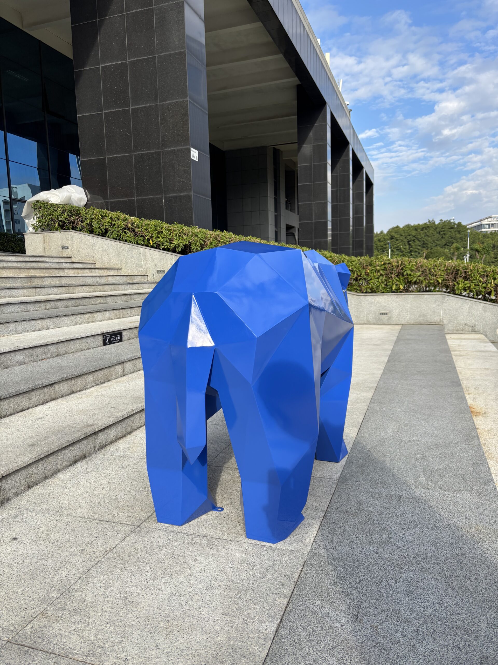 Blue Geometric Walking Bear Sculpture